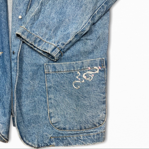 Sunbelt Vintage 90's Puffy Paint Denim Blazer Lapel Jacket Light Wash Blue Large - Picture 3 of 9